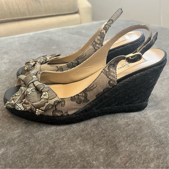 Valentino Black/Beige Lace Slingback Wedge With Bow Espadrille Sandals - Picture 5 of 9